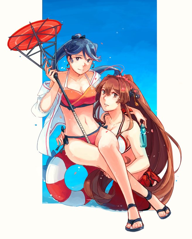 bikini bikini_top blue_eyes blue_hair blue_sky breasts brown_eyes brown_hair cleavage flower hair_flower hair_intakes hair_ornament headgear high_ponytail houshou_(kantai_collection) japanese_clothes kantai_collection kimono lifebuoy long_hair navel oriental_umbrella pleated_skirt ponytail red_umbrella sandals skirt sky swimsuit umbrella very_long_hair water weidashming yamato_(kantai_collection)