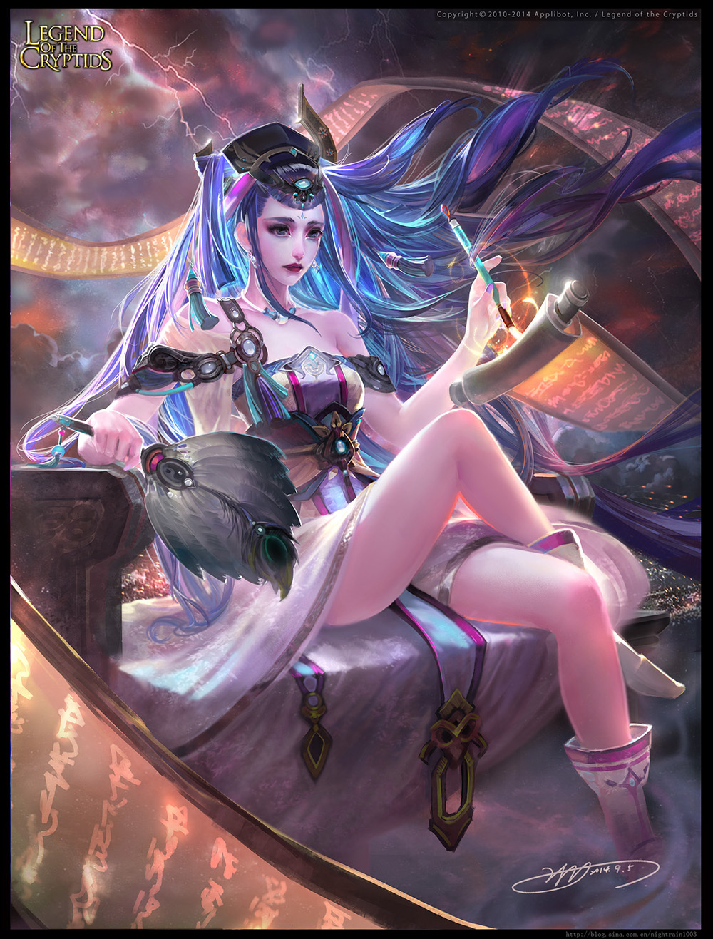1girl artist_name bare_shoulders blue_eyes blue_hair boots clouds copyright_name electricity facial_mark feather_fan forehead_mark highres legend_of_the_cryptids long_hair nail_polish official_art pencil scroll sitting sky solo yu-han_chen