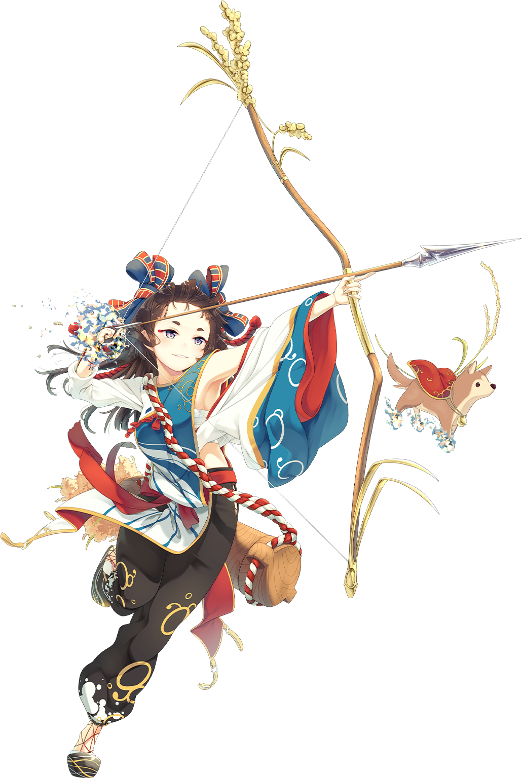 1girl akita_(oshiro_project) akita_inu arrow artist_request baggy_pants black_hair black_pants bow_(weapon) detached_sleeves dog full_body grey_eyes hair_ribbon highres holding holding_arrow holding_bow_(weapon) holding_weapon long_hair looking_at_viewer official_art oshiro_project oshiro_project_re pants quiver ribbon rice smile solo transparent_background weapon