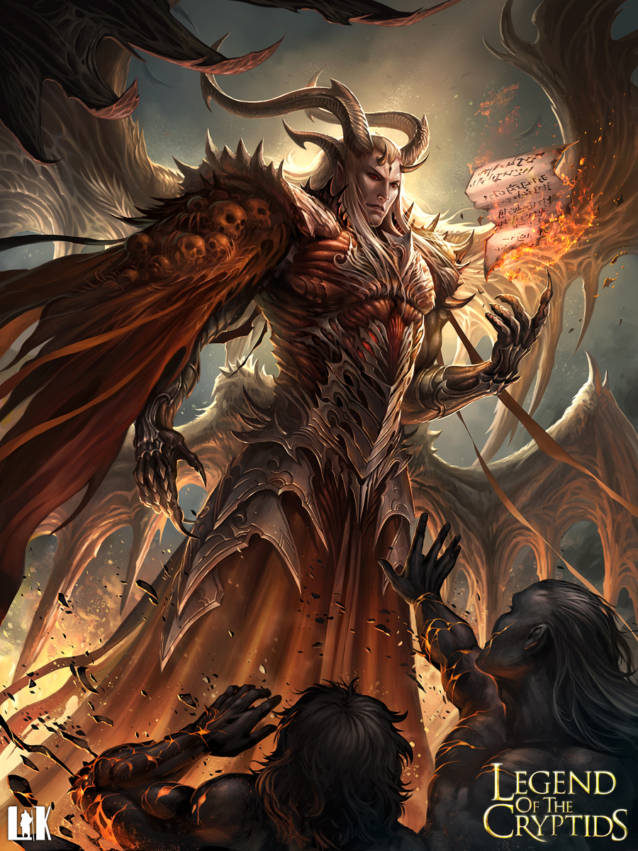 1boy armor artist_name bat_wings blonde_hair copyright_name demon faceless faceless_male fire gloves highres horns legend_of_the_cryptids long_hair male_focus official_art red_eyes sandara scroll skull solo teeth wings