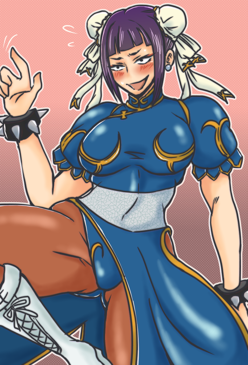 1girl bangs blue_dress blush boots bracelet bun_cover capcom china_dress chinese_clothes chun-li chun-li_(cosplay) commentary cosplay double_bun dress earrings eyeliner han_juri jewelry makeup pantyhose pixiv puffy_short_sleeves puffy_sleeves sakkun short_sleeves spiked_bracelet spikes street_fighter thighs white_footwear