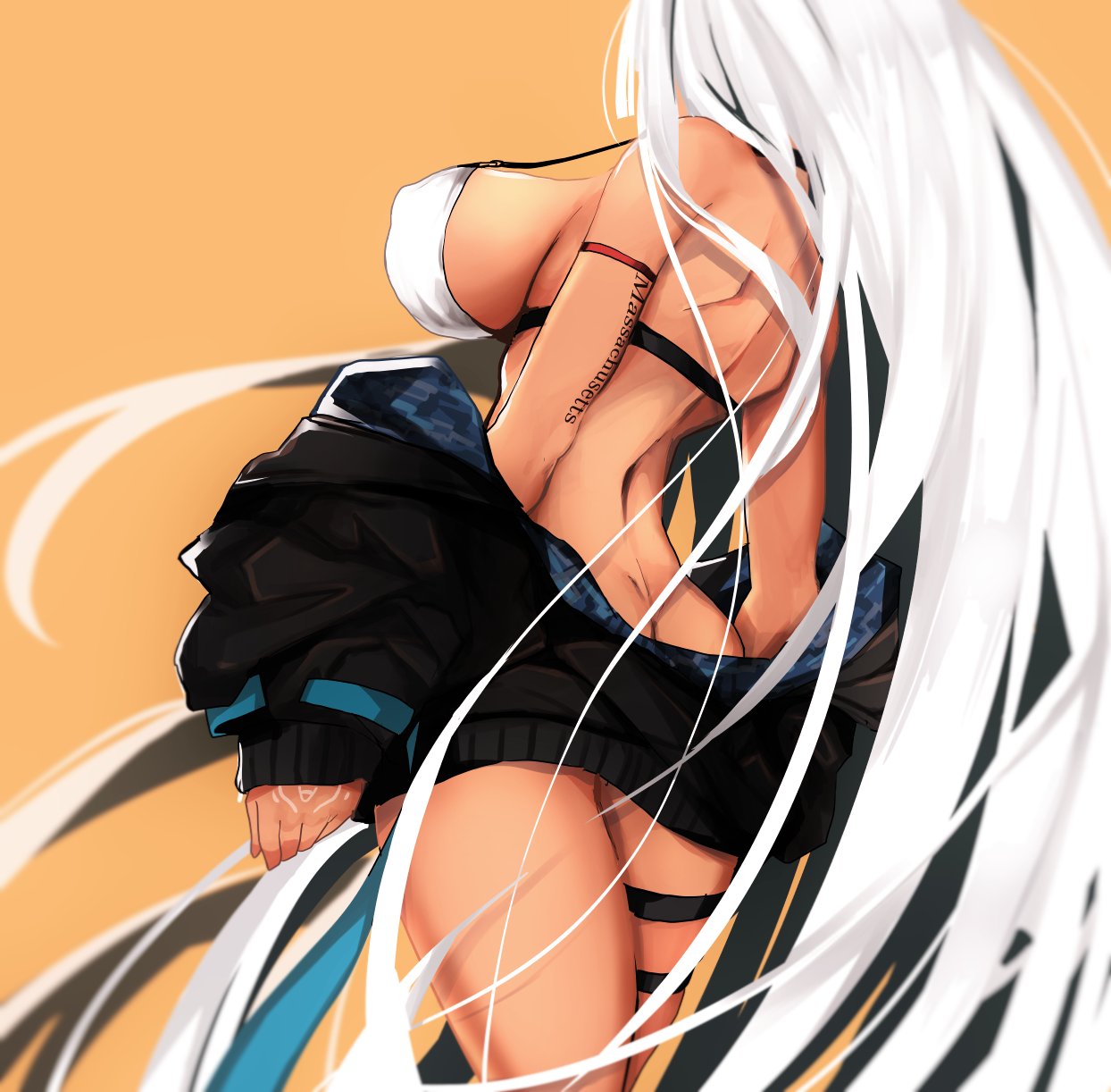 1girl arm_strap ass azur_lane bare_shoulders bikini_top black_hair black_jacket breasts butt_crack character_name erect_nipples floating_hair from_behind highres jacket large_breasts long_hair long_sleeves massachusetts_(azur_lane) multicolored_hair naruwe native_american off_shoulder open_clothes orange_background shoulder_blades silver_hair simple_background solo swimsuit swimsuit_under_clothes tan thigh_strap thighs unzipped zipper