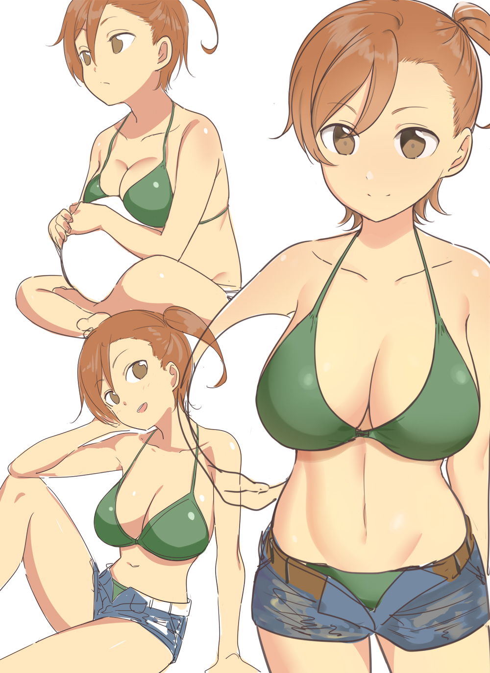 1girl asymmetrical_bangs ball bangs beachball bikini blue_shorts breast_rest breasts brown_eyes brown_hair cowboy_shot gate_-_jieitai_ka_no_chi_nite_kaku_tatakaeri green_bikini highres kuribayashi_shino large_breasts multiple_views navel open_clothes open_shorts short_hair short_shorts shorts side_ponytail sitting sketch smile swimsuit uto_ki_te