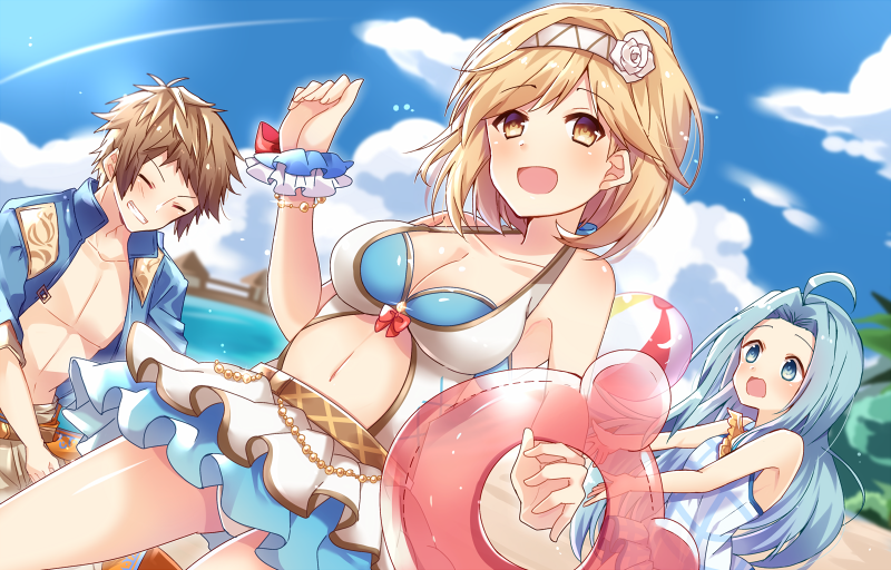 1boy 2girls :d ahoge ball bangs bare_shoulders beachball blonde_hair blue_eyes blue_hair blue_jacket blue_sky blush breasts brown_eyes brown_hair cleavage closed_eyes clouds cloudy_sky collarbone commentary_request day djeeta_(granblue_fantasy) dress eyebrows_visible_through_hair gran_(granblue_fantasy) granblue_fantasy grin head_tilt innertube jacket long_hair looking_at_viewer lyria_(granblue_fantasy) medium_breasts multiple_girls navel navel_cutout omuretsu open_clothes open_jacket open_mouth outdoors parted_bangs red_innertube sky sleeveless sleeveless_dress smile swimsuit transparent very_long_hair white_dress white_swimsuit