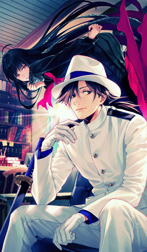 1boy 1girl black_hair bookshelf craft_essence dress fate/grand_order fate_(series) floating gloves hair_over_one_eye hat katana long_dress long_hair looking_at_viewer official_art oryou_(fate) red_eyes sailor_dress sakamoto_ryouma_(fate) scarf sitting suda_ayaka sword very_long_hair weapon white_gloves white_hat