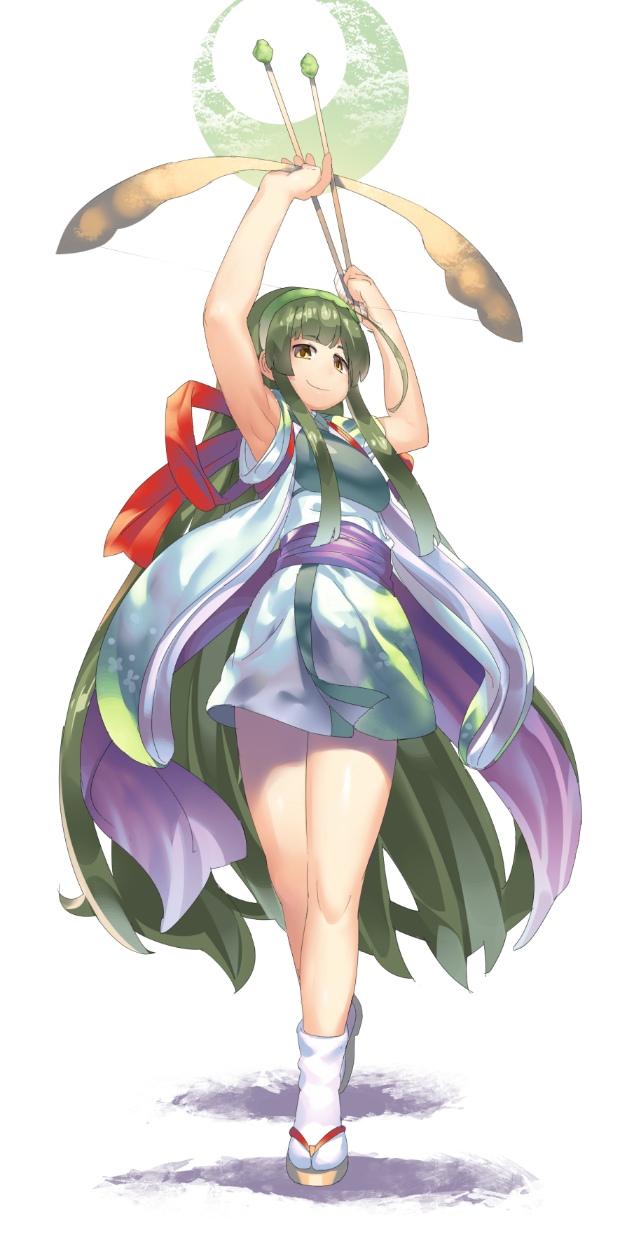 1girl ahoge arms_up arrow bare_arms bow_(weapon) closed_mouth dark_green_hair eyebrows_visible_through_hair full_body geta green_hair green_hairband hairband highres holding holding_bow_(weapon) holding_weapon japanese_clothes kimono long_hair looking_at_viewer monosenbei muneate smile solo standing tabi touhoku_zunko very_long_hair vocaloid voiceroid weapon white_legwear yellow_eyes yukata