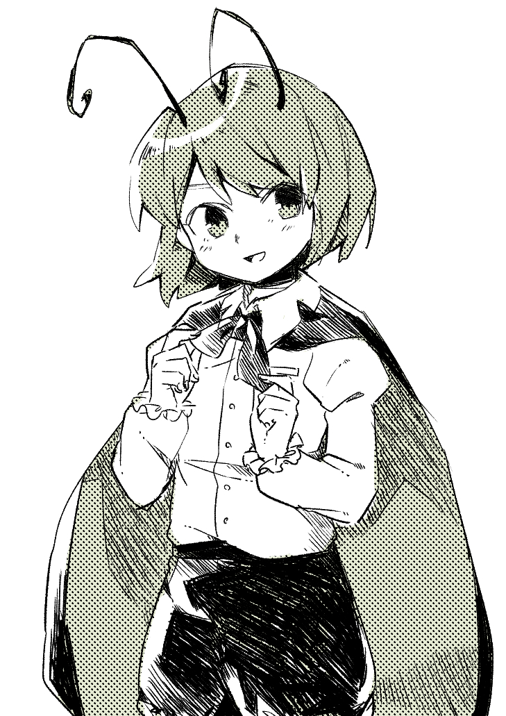 1girl :d antennae bow bowtie cape collared_shirt cowboy_shot greyscale juliet_sleeves long_sleeves looking_at_viewer monochrome open_mouth pants puffy_sleeves sasa_kichi shirt short_hair simple_background smile solo standing touhou white_background wing_collar wriggle_nightbug