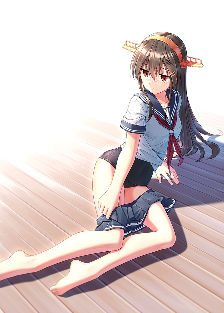 1girl alternate_costume barefoot black_hair blue_skirt brown_eyes eyebrows_visible_through_hair full_body hair_between_eyes haruna_(kantai_collection) jewelry kantai_collection kuro-kun_(nablack) long_hair neckerchief no_shoes pleated_skirt red_neckwear remodel_(kantai_collection) ring school_swimsuit school_uniform serafuku short_sleeves skirt skirt_removed solo swimsuit swimsuit_under_clothes wedding_band wooden_floor