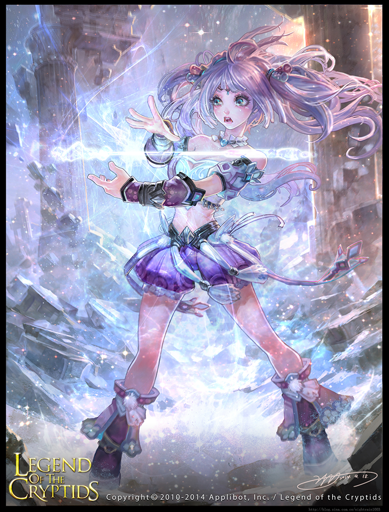 1girl bare_shoulders blue_eyes boots breasts cleavage copyright_name legend_of_the_cryptids magic midriff navel official_art open_mouth pillar purple_hair rock sky solo sparkle teeth twintails yu-han_chen