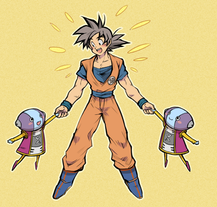 +++ 3boys :d ayo_(isy8800) black_eyes black_hair blush blush_stickers boots clothes_writing dougi dragon_ball dragon_ball_super dragonball_z eyebrows_visible_through_hair flying full_body hand_holding happy height_difference looking_away looking_down male_focus multiple_boys open_mouth short_hair simple_background smile son_gokuu spiky_hair wristband yellow_background zen'ou_(dragon_ball)