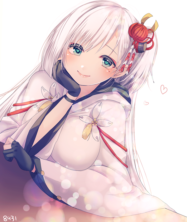 1girl azur_lane bangs black_gloves blue_eyes blush breasts closed_mouth eyeliner gloves hair_ornament hakusai_ponzu heart heart-shaped_pupils large_breasts long_hair long_sleeves looking_at_viewer makeup mole mole_under_eye one_side_up partly_fingerless_gloves shoukaku_(azur_lane) smile solo straight_hair symbol-shaped_pupils white_hair wide_sleeves