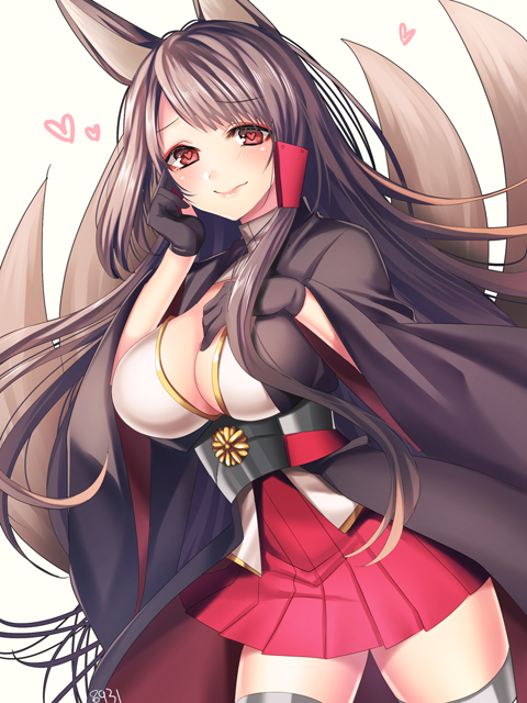 1girl akagi_(azur_lane) animal_ears azur_lane black_gloves black_hair breasts cleavage closed_mouth cowboy_shot eyebrows_visible_through_hair eyeliner fox_ears fox_girl fox_tail furrowed_eyebrows gloves hakama hakama_skirt hakusai_ponzu heart heart-shaped_pupils japanese_clothes large_breasts long_hair long_sleeves looking_at_viewer makeup multiple_tails partly_fingerless_gloves red_eyes red_hakama smile solo symbol-shaped_pupils tail very_long_hair wide_sleeves