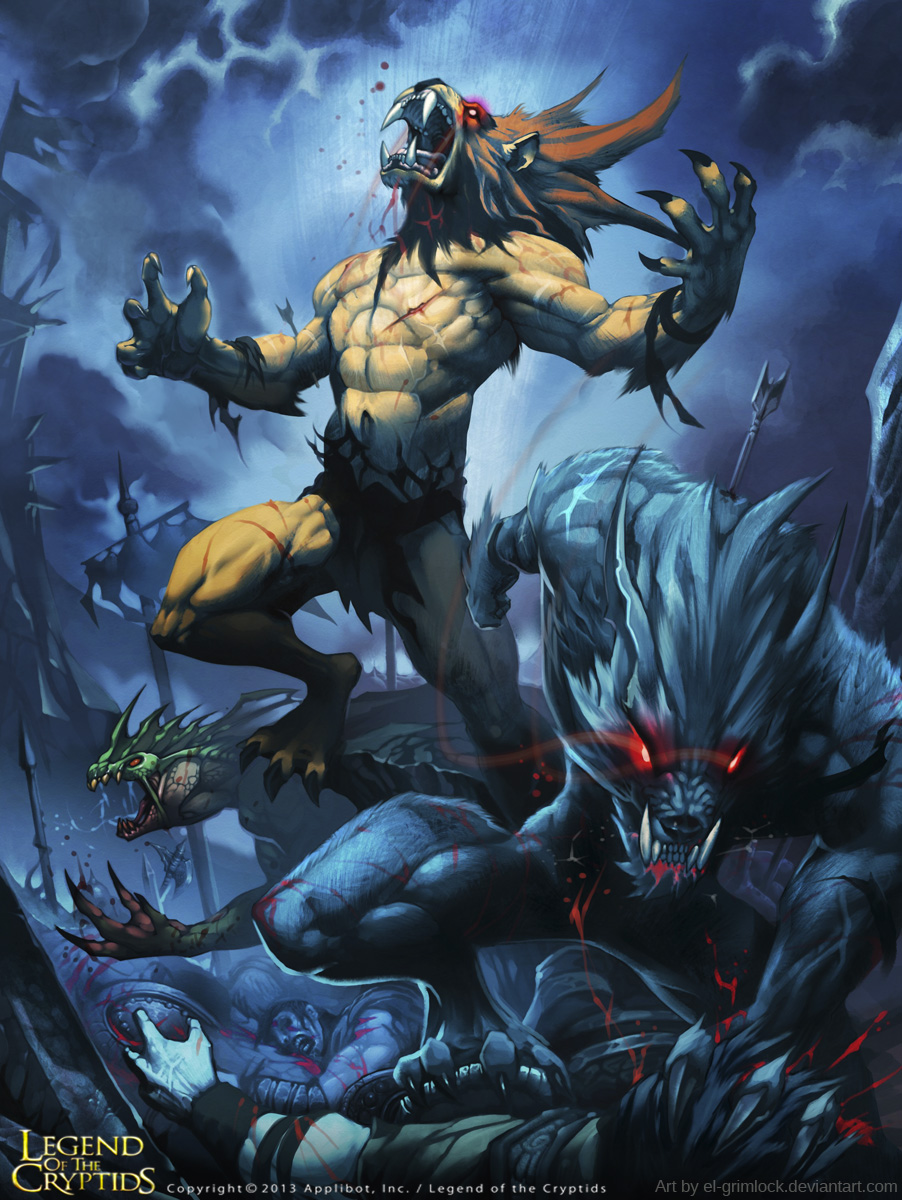 abs animal_ears arrow blood brown_hair clouds copyright_name faceless faceless_male fangs furry highres legend_of_the_cryptids lion lizardman mauricio_herrera night night_sky official_art open_mouth polearm red_eyes scar shield shirtless sky spear sword weapon wolf wolf_ears