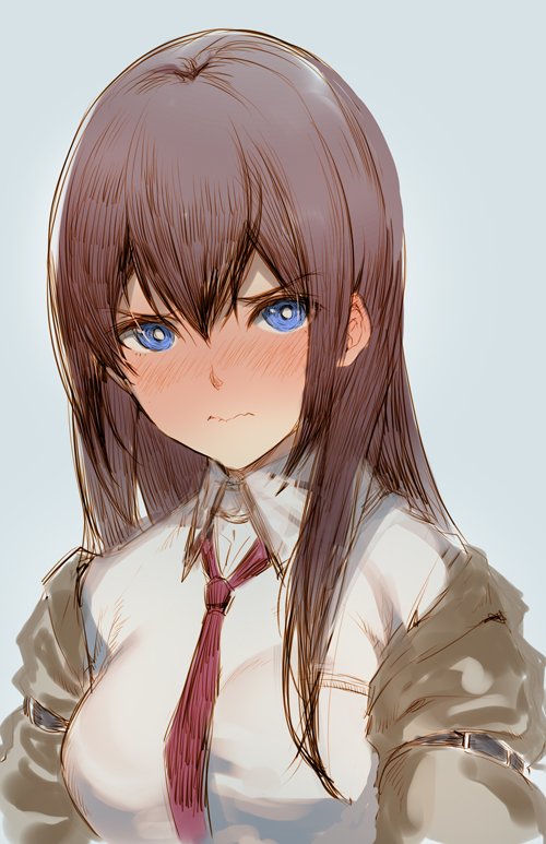 1girl blue_eyes blush brown_hair closed_mouth collared_shirt dress_shirt eyebrows_visible_through_hair furrowed_eyebrows hair_between_eyes jacket jacket_on_shoulders long_hair makise_kurisu necktie red_neckwear shirt steins;gate tatami_to_hinoki