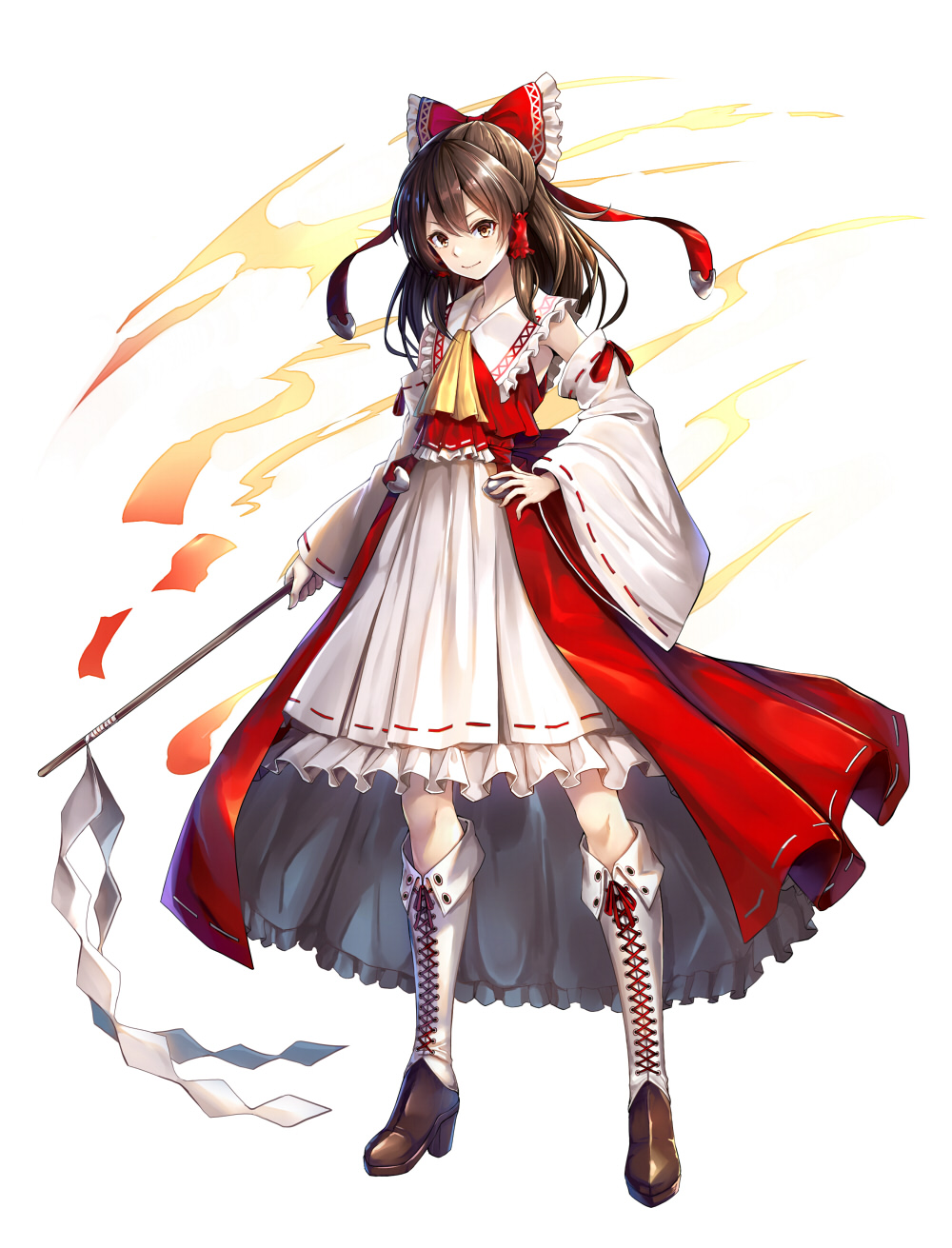 &gt;:) 1girl ascot bare_shoulders boots bow brown_eyes brown_hair collarbone commentary_request cross-laced_footwear detached_sleeves frilled_bow frilled_shirt_collar frills full_body gohei hair_between_eyes hair_bow hair_tubes hakurei_reimu hand_on_hip high_heel_boots high_heels highres holding lace-up_boots long_hair long_sleeves looking_at_viewer noe_noel petticoat red_bow ribbon-trimmed_skirt ribbon-trimmed_sleeves ribbon_trim sidelocks skirt solo standing touhou v-shaped_eyebrows white_background white_footwear white_skirt wide_sleeves yellow_neckwear