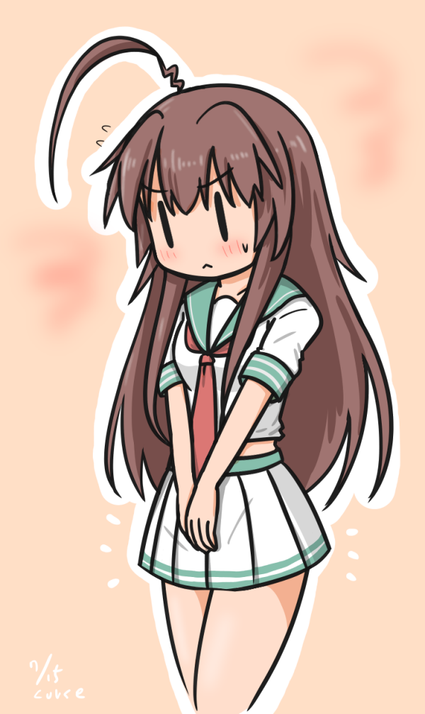 1girl :&lt; ahoge alternate_costume artist_name blush brown_hair closed_mouth collarbone curse_(023) dated eyebrows_visible_through_hair flying_sweatdrops green_sailor_collar hands_together kantai_collection kuma_(kantai_collection) long_hair neckerchief pleated_skirt red_neckwear sailor_collar school_uniform serafuku short_sleeves simple_background skirt solo sweat white_skirt |_|