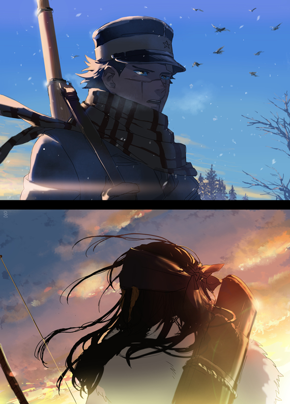 0109_(artist) 1boy 1girl asirpa back bandanna bare_tree bird black_hair bow_(weapon) cape clouds cloudy_sky coat facial_scar from_behind fur_cape golden_kamuy gun hat long_hair military military_hat military_uniform open_mouth quiver rifle scar scarf short_hair sky sugimoto_saichi sunset tree uniform upper_body weapon weapon_on_back wind