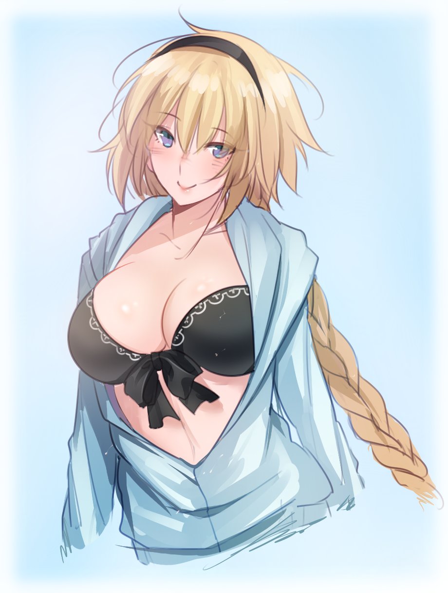 1girl alternate_costume bangs bikini black_bikini blonde_hair blue_eyes blue_sweater blush braid breasts cardigan cleavage collarbone eyebrows_visible_through_hair fate/grand_order fate_(series) front-tie_top hairband highres jeanne_d'arc_(fate) jeanne_d'arc_(fate)_(all) large_breasts long_braid long_hair open_cardigan open_clothes single_braid sketch smile sweater swimsuit tusia