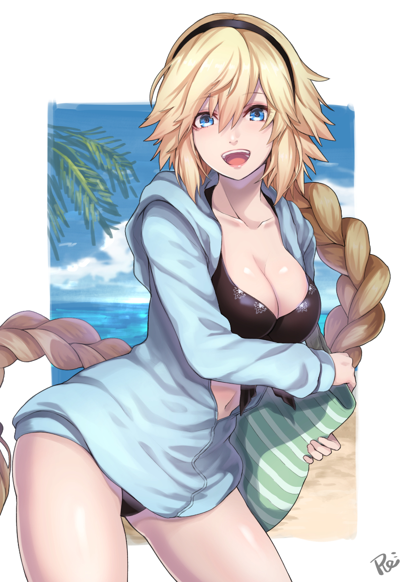 1girl :d bag bangs beach bikini black_bikini black_hairband blonde_hair blue_eyes blue_hoodie blue_sky braid breasts cleavage collarbone commentary_request contrapposto cowboy_shot day eyebrows_visible_through_hair fate/grand_order fate_(series) floating_hair hair_between_eyes hairband handbag highres holding holding_bag horizon jeanne_d'arc_(fate) jeanne_d'arc_(fate)_(all) large_breasts long_hair looking_at_viewer navel no_pants ocean open_mouth outdoors palm_tree partially_unzipped re_(re_09) sand shiny shiny_hair shiny_skin sidelocks signature single_braid sky smile solo standing striped swimsuit tree very_long_hair zipper