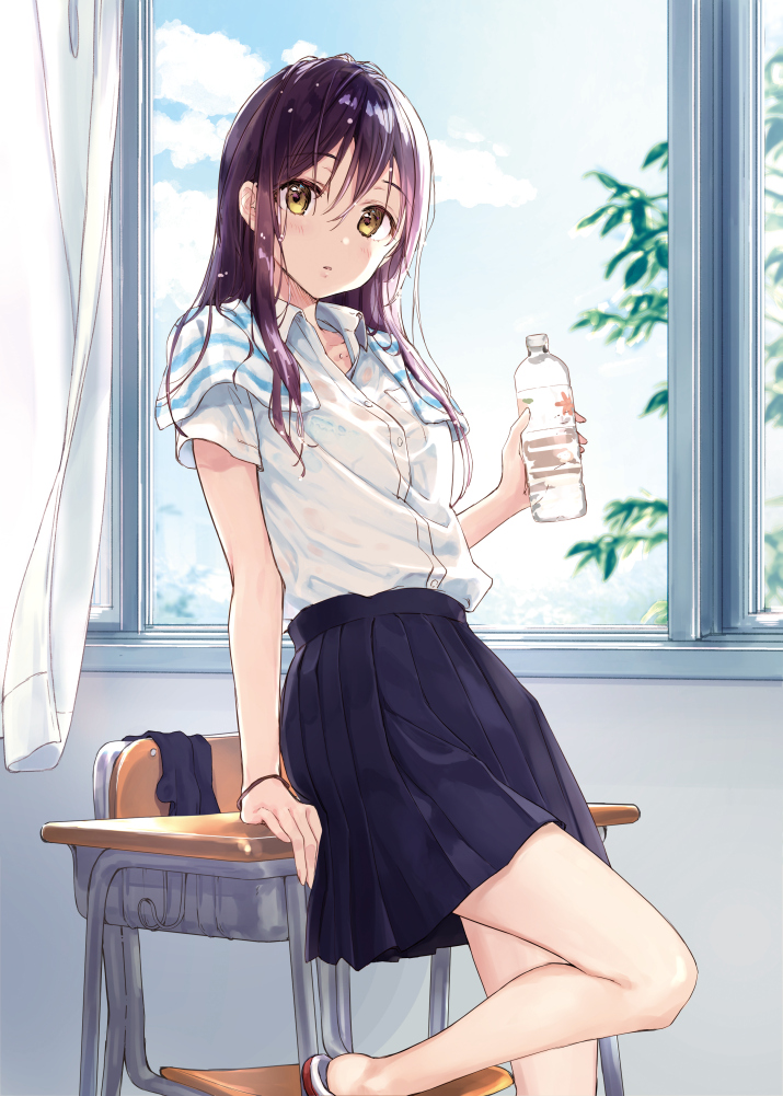 1girl bangs black_hair blouse blue_skirt blush bottle classroom curtains day eyebrows_visible_through_hair indoors long_hair looking_at_viewer original parted_lips pleated_skirt rimo see-through skirt solo towel towel_around_neck uniform water_bottle wet wet_clothes window yellow_eyes