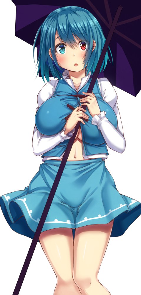 1girl blue_eyes blue_hair blue_skirt blue_vest blush breasts commentary_request ebi_193 eyebrows_visible_through_hair feet_out_of_frame hair_between_eyes holding holding_umbrella huge_breasts juliet_sleeves knees_together_feet_apart long_sleeves looking_at_viewer miniskirt navel open_mouth puffy_sleeves purple_umbrella red_eyes shirt short_hair simple_background skirt solo standing tatara_kogasa thighs touhou umbrella vest white_background white_shirt