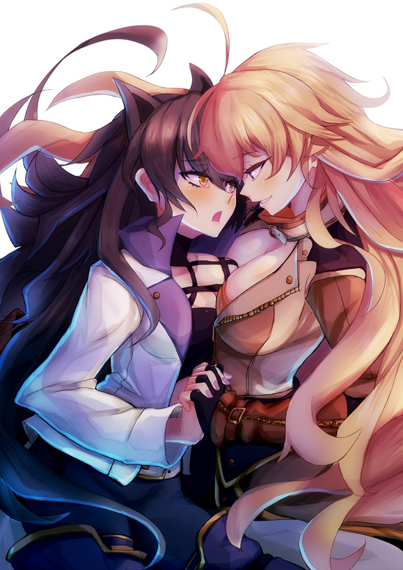 2girls ahoge animal_ears black_gloves black_hair black_pants blake_belladonna blonde_hair breasts cat_ears cleavage eye_contact fingerless_gloves floating_hair gloves hand_holding interlocked_fingers jacket large_breasts long_hair looking_at_another medium_breasts multiple_girls nail_polish open_clothes open_jacket open_mouth orange_eyes pants parted_lips pink_nails rwby simple_background smile very_long_hair white_background white_jacket yang_xiao_long yude yuri