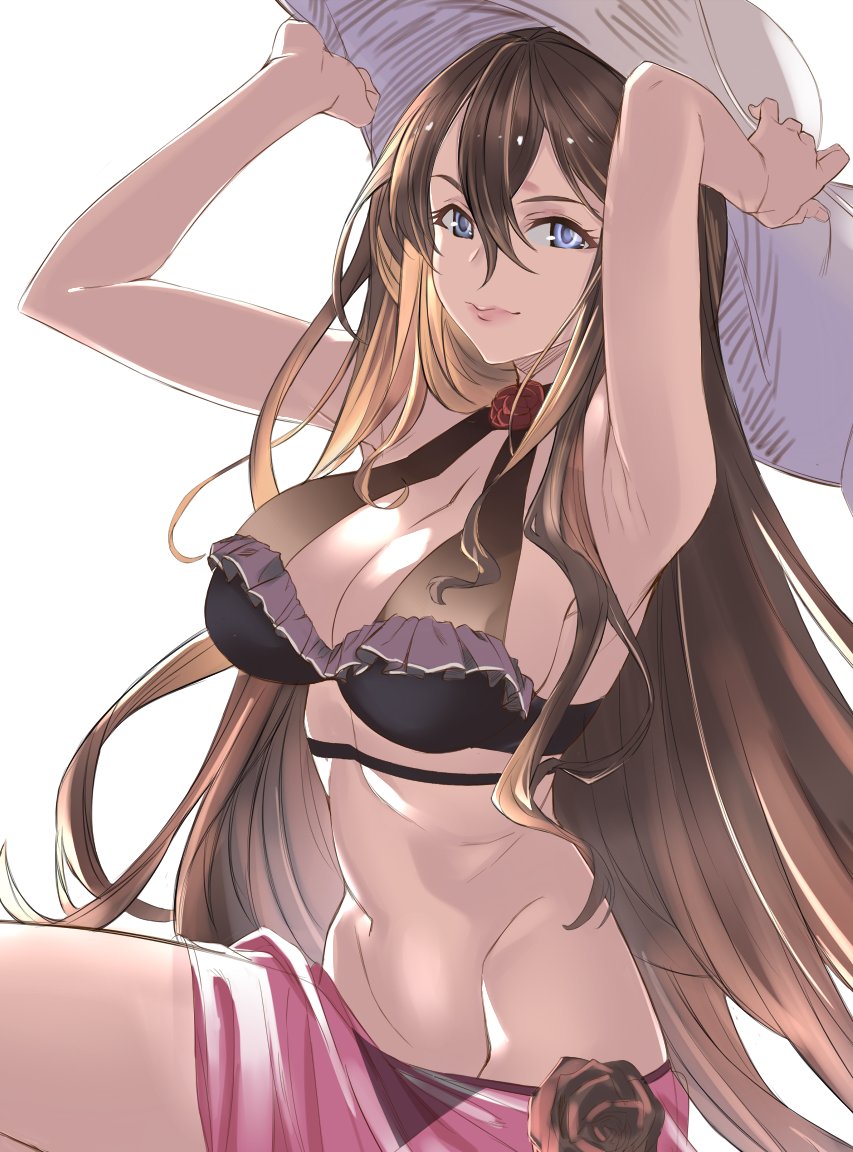 1girl bare_shoulders bikini_top breasts brown_hair cleavage commentary_request cowboy_shot flower frills granblue_fantasy hair_between_eyes hat large_breasts long_hair navel pursed_lips rose rosetta_(granblue_fantasy) sieru skirt smile solo sun_hat violet_eyes white_background