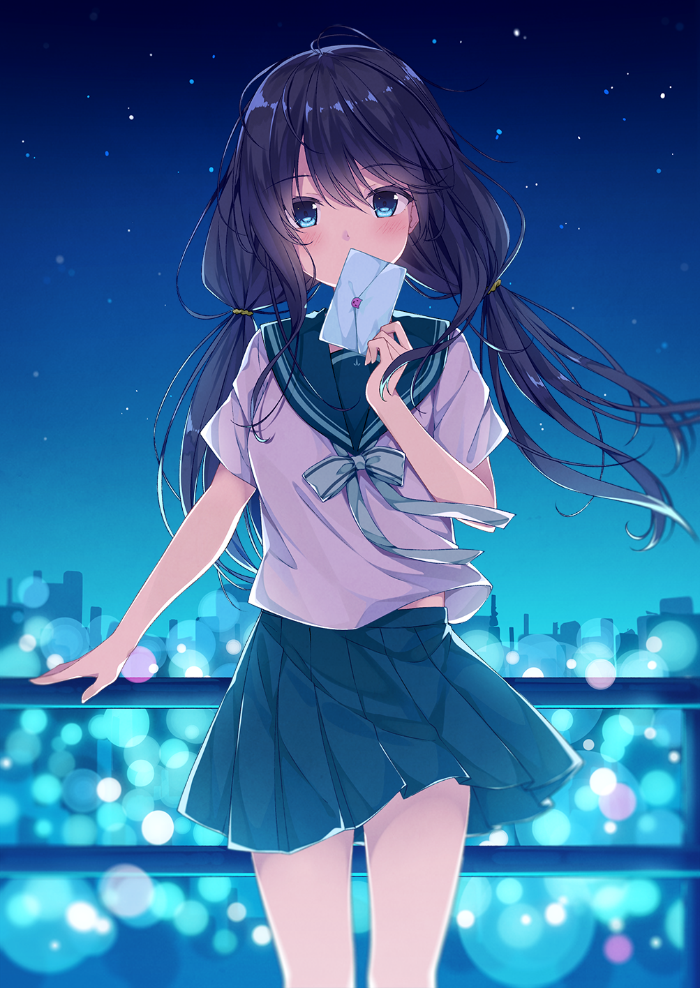 1girl bangs blue_bow blue_eyes blue_sailor_collar blue_skirt blush bow brown_hair commentary_request covered_mouth envelope eyebrows_visible_through_hair hair_between_eyes hand_up highres holding holding_envelope long_hair looking_at_viewer night night_sky original outdoors pleated_skirt railing sailor_collar school_uniform serafuku shirt short_sleeves skirt sky solo star_(sky) starry_sky taiyaki_(astre) very_long_hair white_shirt