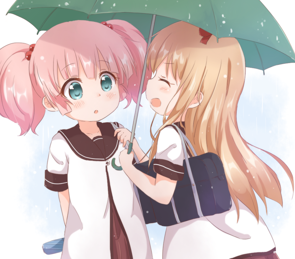 2girls :d ^_^ angry aqua_eyes araki495 bag bangs blush bow brown_dress brown_sailor_collar closed_eyes commentary_request dress eyebrows_visible_through_hair facing_another green_umbrella hair_bobbles hair_bow hair_ornament holding holding_umbrella light_brown_hair long_hair looking_at_another multiple_girls open_mouth pink_hair pleated_dress profile red_bow sailor_collar school_bag shared_umbrella short_sleeves smile toshinou_kyouko twintails umbrella very_long_hair wet white_dress yoshikawa_chinatsu yuru_yuri