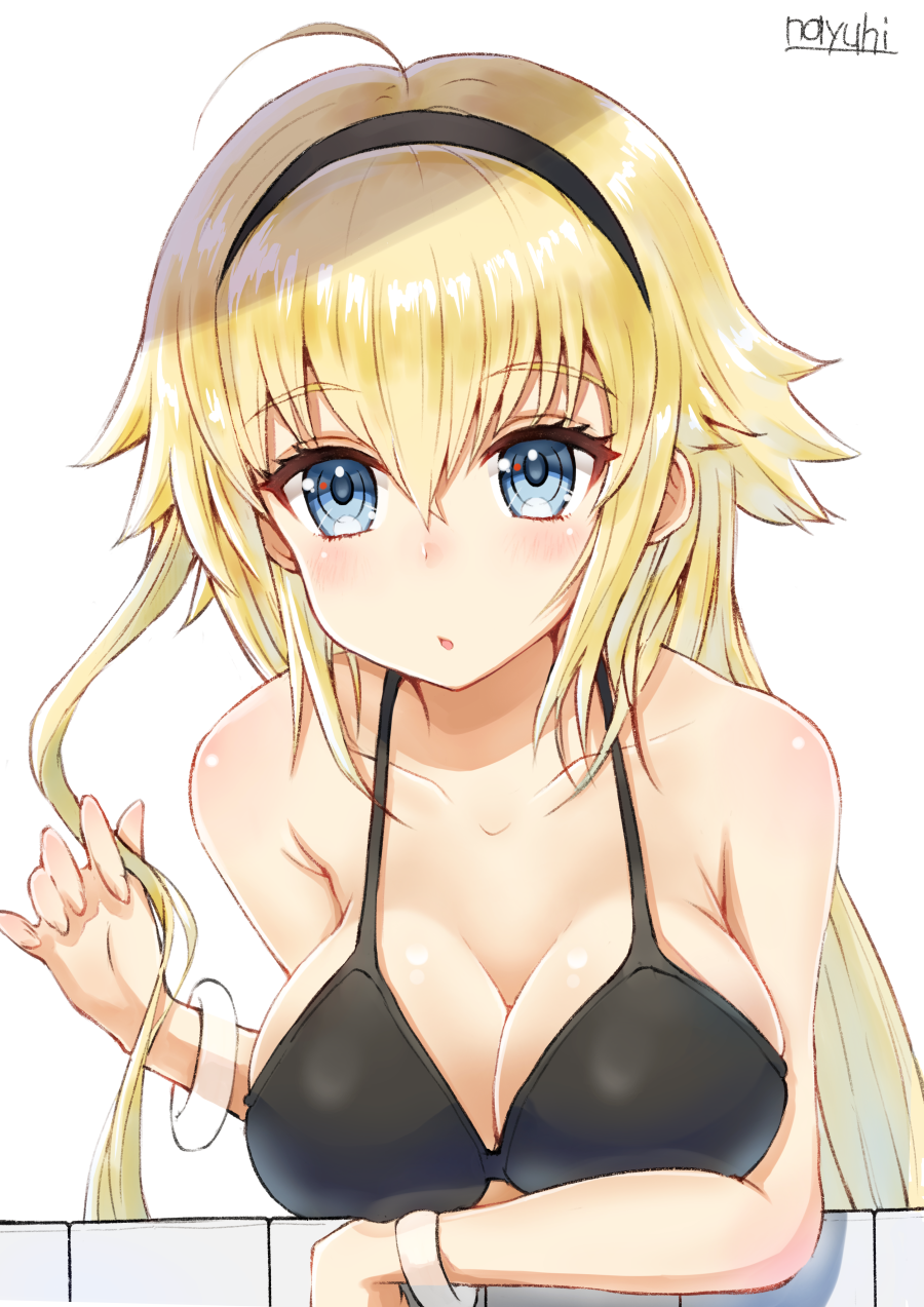 1girl ahoge bangs bare_shoulders bikini black_bikini black_hairband blonde_hair blue_eyes blush breasts cleavage collarbone commentary_request eyebrows_visible_through_hair fate/apocrypha fate/grand_order fate_(series) fingernails hair_between_eyes hair_flaps hairband highres jeanne_d'arc_(fate) jeanne_d'arc_(fate)_(all) large_breasts long_hair looking_at_viewer nayuhi_(yukimuu14) parted_lips signature simple_background solo swimsuit very_long_hair white_background