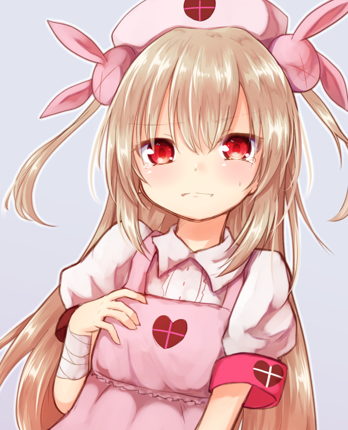 &gt;_&lt; 1girl apron armband bandage bandaged_arm bandages bangs baram blush bunny_hair_ornament eyebrows_visible_through_hair grey_background hair_between_eyes hair_ornament hat heart light_brown_hair long_hair looking_at_viewer natori_sana nurse_cap parted_lips pink_apron pink_hat puffy_short_sleeves puffy_sleeves red_eyes sana_channel shirt short_sleeves simple_background solo tears two_side_up very_long_hair virtual_youtuber white_shirt