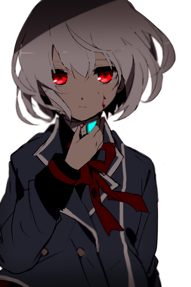 1boy blood blood_on_face blue_jacket closed_mouth commentary_request grey_hair hand_up hiiragi_fuyuki jacket long_sleeves looking_at_viewer male_focus neck_ribbon original red_eyes red_neckwear red_ribbon ribbon simple_background solo white_background