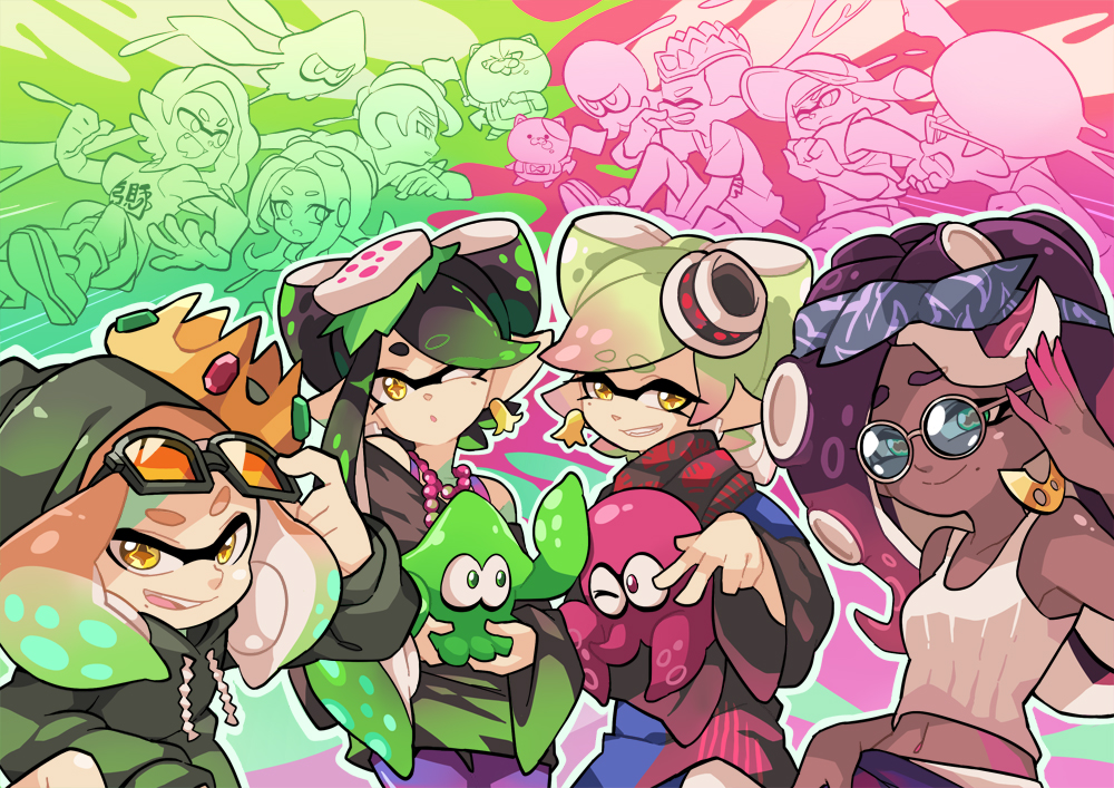 +_+ 3boys 6+girls afro aori_(splatoon) asymmetrical_hair bandanna casual cat cephalopod_eyes crown dark_skin earrings fangs flag food food_on_head hime_(splatoon) hood hoodie hotaru_(splatoon) iida_(splatoon) ink inkling jajji-kun_(splatoon) jewelry kojajji-kun_(splatoon) looking_at_viewer monochrome_background multiple_boys multiple_girls object_on_head octoling open_mouth pointy_ears scarf smile splatoon splatoon_1 splatoon_2 squid suction_cups sunglasses symbol-shaped_pupils tank_top tentacle tentacle_hair wong_ying_chee yellow_eyes