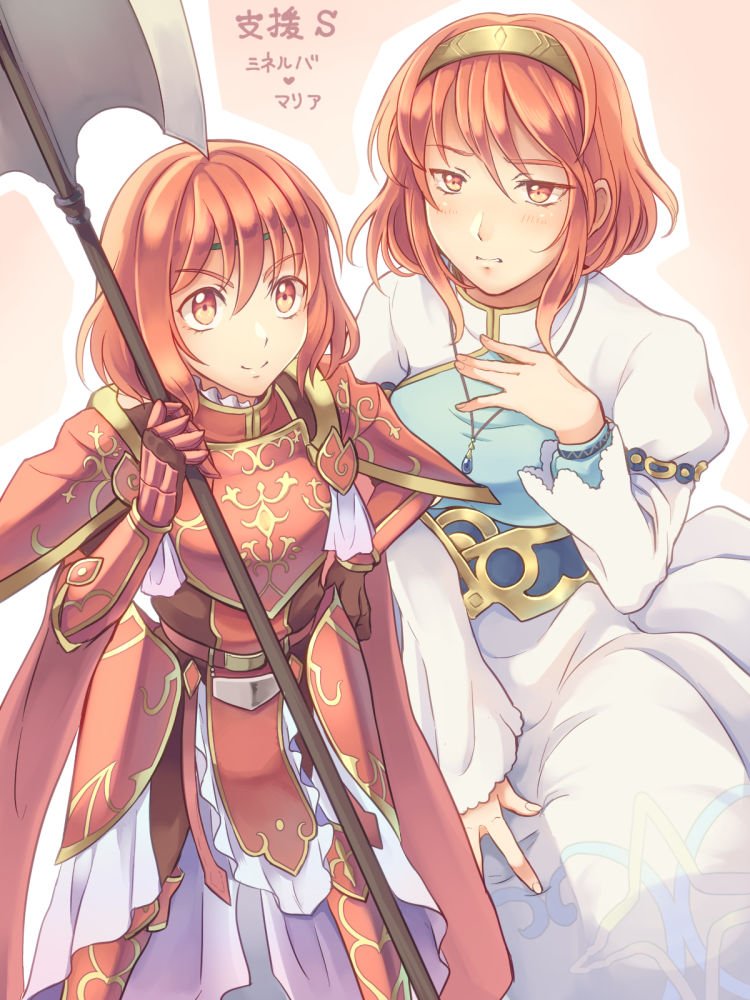 2girls armor axe cape closed_mouth cosplay costume_switch dress est_tm fire_emblem fire_emblem:_mystery_of_the_emblem green_headband headband holding holding_axe jewelry long_sleeves maria_(fire_emblem) maria_(fire_emblem)_(cosplay) minerva_(fire_emblem) minerva_(fire_emblem)_(cosplay) multiple_girls necklace red_armor red_cape red_eyes redhead short_hair shoulder_armor siblings sisters smile standing tiara