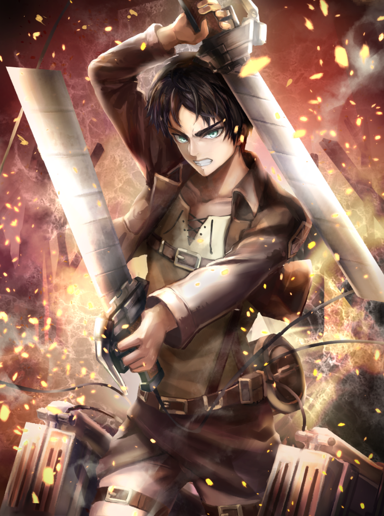 1boy arm_up black_hair brown_jacket clenched_teeth collarbone cowboy_shot dual_wielding eren_yeager green_eyes holding holding_sword holding_weapon jacket ko_31 looking_at_viewer military military_uniform open_clothes open_jacket pants shingeki_no_kyojin solo standing sword teeth three-dimensional_maneuver_gear uniform weapon white_pants