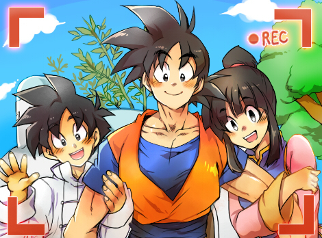 1girl 2boys :d ayo_(isy8800) bangs black_eyes black_hair blush chi-chi_(dragon_ball) chinese_clothes couple day dougi dragon_ball dragonball_z eyebrows_visible_through_hair family father_and_son fingernails happy hetero house locked_arms looking_at_viewer lowres mother_and_son multiple_boys open_mouth outdoors plant pov recording shirt short_hair smile son_gohan son_gokuu spiky_hair tied_hair tree upper_body waving white_shirt