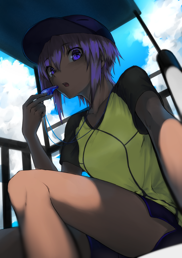 1girl alternate_costume dark_skin eyebrows_visible_through_hair fate/grand_order fate/prototype fate/prototype:_fragments_of_blue_and_silver fate_(series) from_below hair_between_eyes hassan_of_serenity_(fate) hat hekonda_kan looking_at_viewer looking_down purple_hair shirt short_hair short_shorts shorts sidelocks sitting solo t-shirt violet_eyes whistle