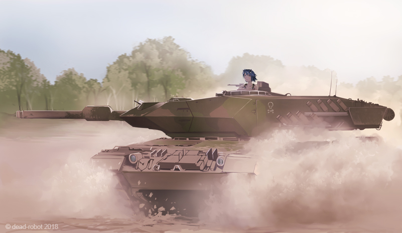 1girl artist_name blue_eyes blue_hair day dead-robot ground_vehicle leopard_2 military military_vehicle motor_vehicle original short_hair tank tree