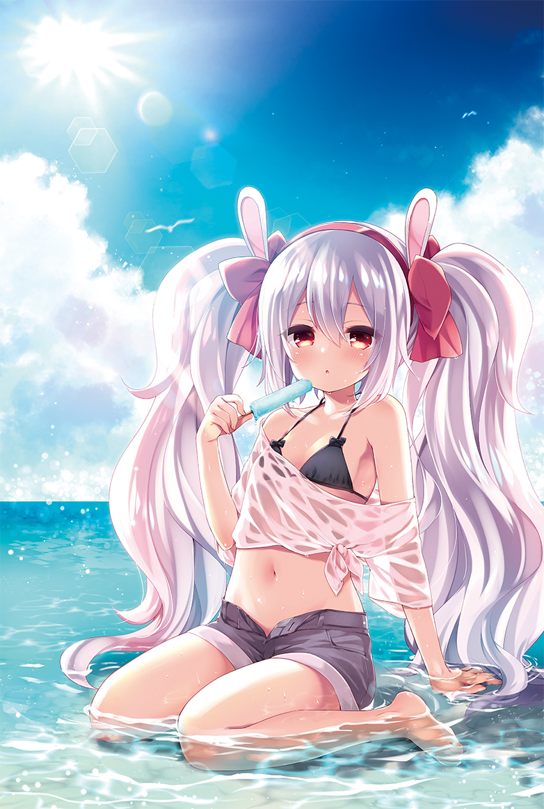 1girl :o animal_ears arm_support azur_lane bangs bare_legs bare_shoulders barefoot beach bikini_top bird blue_sky blush bow_bikini breasts clouds collarbone commentary_request expressionless eyebrows_visible_through_hair fingernails flat_chest food full_body fummy grey_shorts hair_between_eyes hair_ornament hair_ribbon horizon laffey_(azur_lane) lens_flare light_rays long_hair looking_at_viewer melting navel ocean off_shoulder open_fly popsicle rabbit_ears red_eyes red_ribbon ribbon seagull shiny shiny_hair shirt short_shorts short_sleeves shorts sidelocks sitting sky solo stomach string_bikini summer sun sunlight tied_shirt twintails very_long_hair wariza water wet wet_clothes wet_shirt white_hair white_shirt