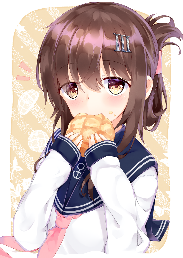 1girl anchor_symbol bangs blue_sailor_collar blush bread brown_eyes brown_hair commentary_request eating eyebrows_visible_through_hair folded_ponytail food food_in_mouth food_on_face hair_between_eyes hair_ornament hairclip hands_up holding holding_food inazuma_(kantai_collection) kantai_collection long_sleeves looking_at_viewer melon_bread neckerchief niruanu_(nitayam) notice_lines pink_neckwear sailor_collar school_uniform serafuku shirt sleeves_past_wrists solo white_shirt