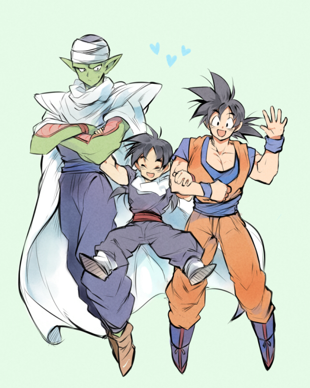 3boys :d ^_^ age_difference ayo_(isy8800) black_eyes black_hair blue_background boots cape closed_eyes closed_eyes dougi dragon_ball dragonball_z eyebrows_visible_through_hair father_and_son flying full_body hand_up happy heart height_difference locked_arms male_focus multiple_boys nervous open_mouth piccolo pointy_ears serious short_hair simple_background smile son_gohan son_gokuu spiky_hair sweatdrop turban wristband