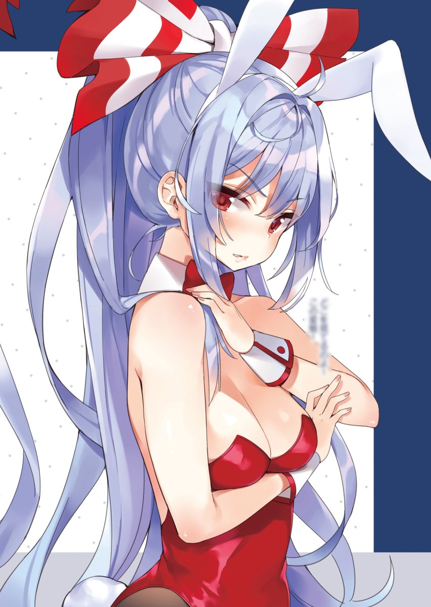 1girl alternate_costume animal_ears bare_arms bare_shoulders blurry blush bow bowtie breasts brown_legwear bunny_tail bunnysuit cleavage clenched_teeth commentary_request detached_collar eyebrows_visible_through_hair fake_animal_ears fake_tail fujiwara_no_mokou hair_bow hand_up highres long_hair long_ponytail looking_at_viewer medium_breasts mirei pantyhose polka_dot polka_dot_background ponytail rabbit_ears red_bow red_eyes red_neckwear sidelocks silver_hair solo tail teeth touhou upper_body v-shaped_eyebrows very_long_hair white_background white_bow wrist_cuffs