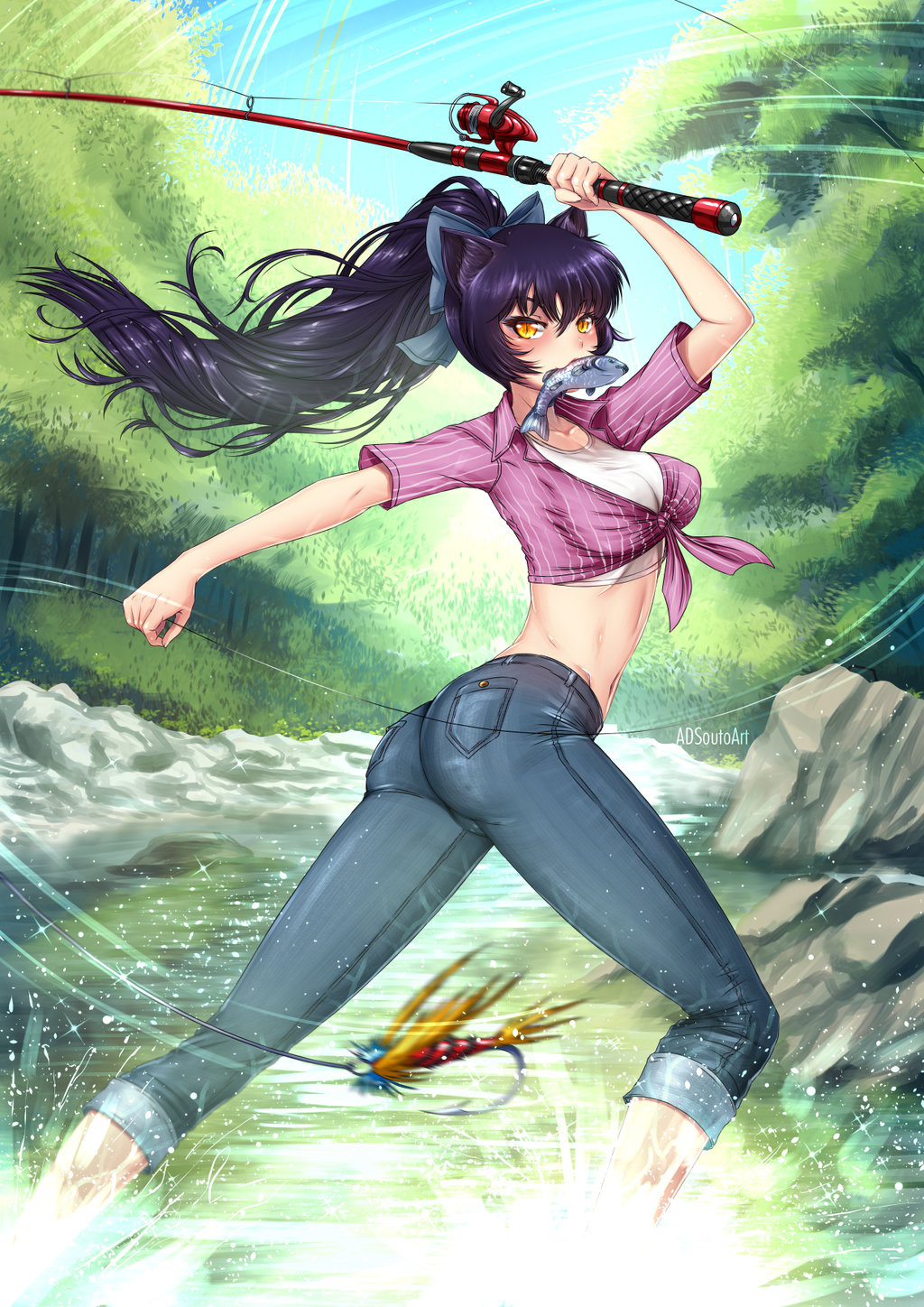 1girl adsouto animal_ears bangs black_hair blake_belladonna blush breasts cat_ears fish fish_in_mouth hair_between_eyes highres holding large_breasts long_hair looking_at_viewer orange_eyes pants ponytail rwby shirt solo summer tree yellow_eyes