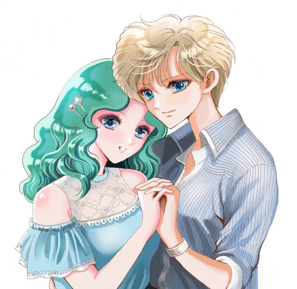 2girls androgynous aqua_hair bare_shoulders bishoujo_senshi_sailor_moon blonde_hair blue_eyes casual closed_eyes hair_ornament hairclip hand_holding interlocked_fingers kaiou_michiru koharumichi multiple_girls parted_lips shirt short_hair smile striped striped_shirt ten'ou_haruka upper_body very_short_hair white_background yuri