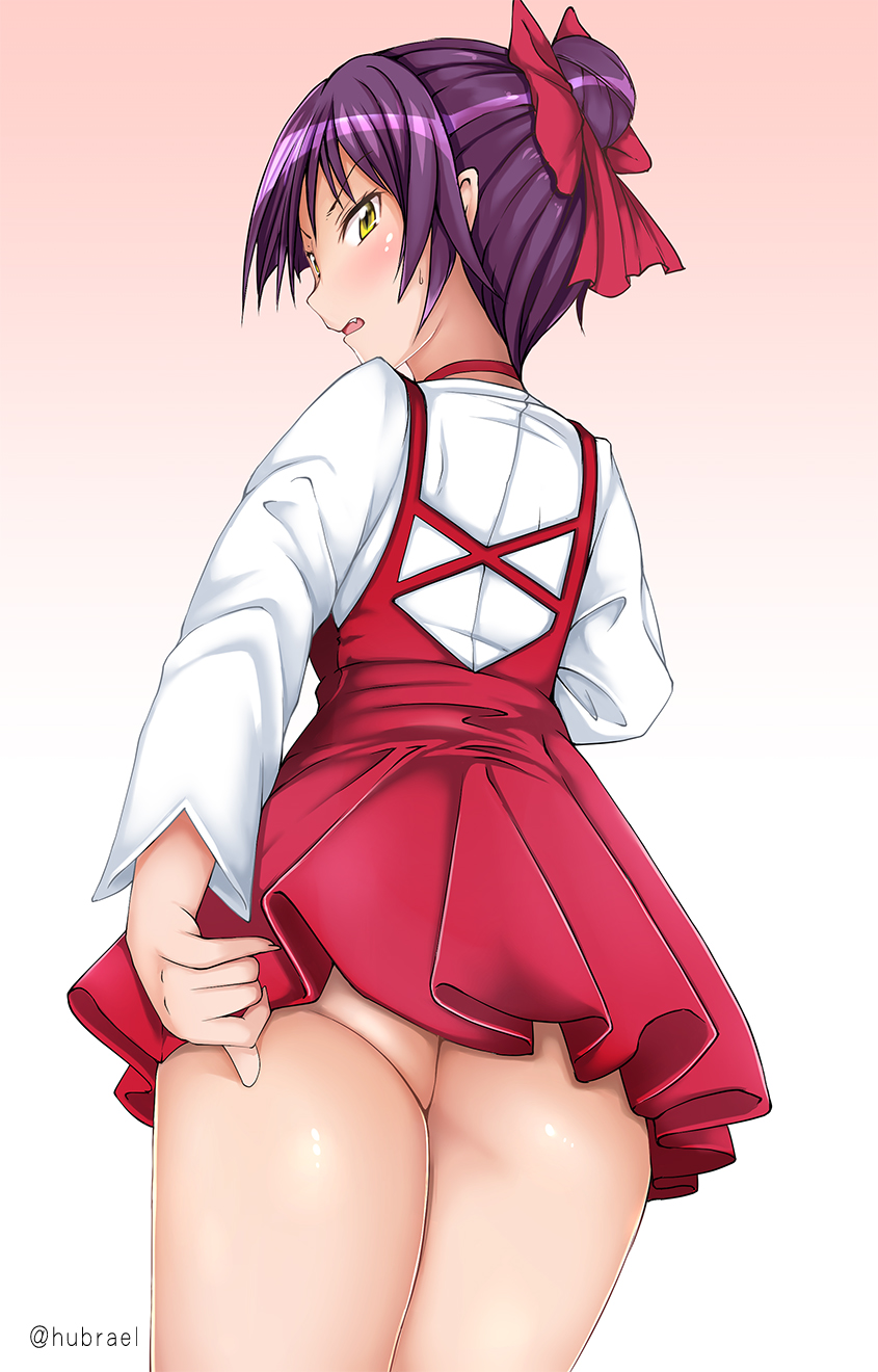 1girl ass blush bow commentary dress fang frilled_skirt frills from_behind gegege_no_kitarou hair_bow hair_bun half-closed_eyes highres long_sleeves looking_back misaki_takahiro nekomusume nekomusume_(gegege_no_kitarou_6) no_panties open_mouth purple_hair red_bow shirt short_dress skirt skirt_pull solo sweatdrop twitter_username white_shirt yellow_eyes