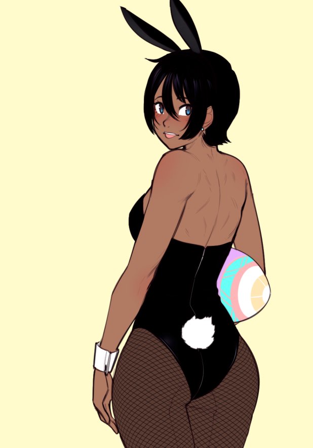 1girl :p animal_ears ass back bare_arms bare_shoulders black_hair blue_eyes blush breasts bunny_girl bunny_tail bunnysuit commentary curvy dark_skin earrings easter_egg egg fake_animal_ears fishnet_pantyhose fishnets flat_ass hair_between_eyes hips jewelry k'lyn leotard looking_back medium_breasts original oversized_object pantyhose rabbit_ears razalor seamed_legwear short_hair sideboob solo strapless strapless_leotard stud_earrings tail thighs tongue tongue_out very_dark_skin wide_hips wrist_cuffs yellow_background