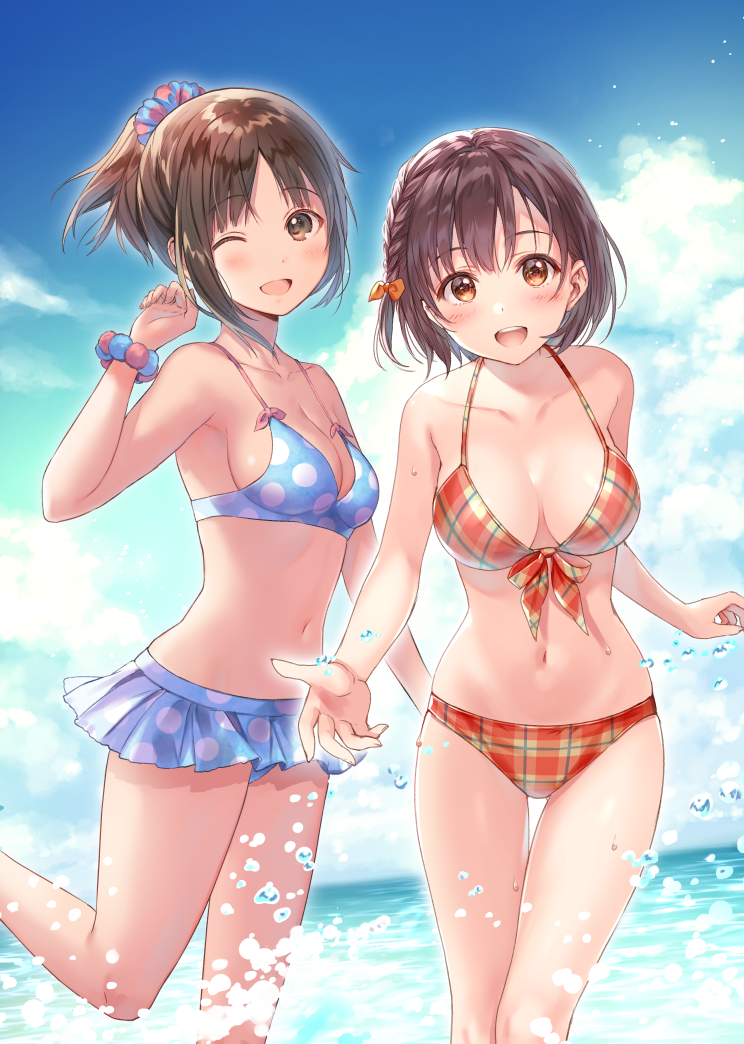 2girls :d ;d artist_name bikini bikini_skirt blue_bikini blue_sky bow bracelet braid breasts brown_eyes brown_hair cleavage clouds cloudy_sky collaboration collarbone copyright_request day french_braid front-tie_bikini front-tie_top fukahire_(ruinon) hair_bow hair_ornament hair_scrunchie halterneck hanekoto jewelry medium_breasts multicolored_scrunchie multiple_girls navel one_eye_closed open_mouth orange_bikini outdoors plaid plaid_bikini polka_dot polka_dot_bikini scrunchie short_hair short_ponytail side_braid sky smile splashing standing standing_on_one_leg swimsuit