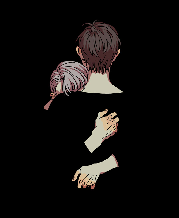 2boys black black_background black_hair black_shirt faceless faceless_male facing_away hands hug katsuki_yuuri long_sleeves male_focus multiple_boys r_inami shadow shirt short_hair simple_background spot_color viktor_nikiforov white_hair yuri!!!_on_ice