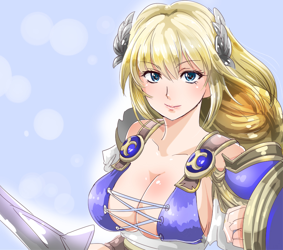 1041_(toshikazu) 1girl armor bangs blonde_hair blue_eyes blush braid breasts cleavage closed_mouth collarbone commentary_request cross-laced_clothes dress hair_ornament large_breasts long_hair pauldrons shield smile solo sophitia_alexandra soul_calibur sword weapon