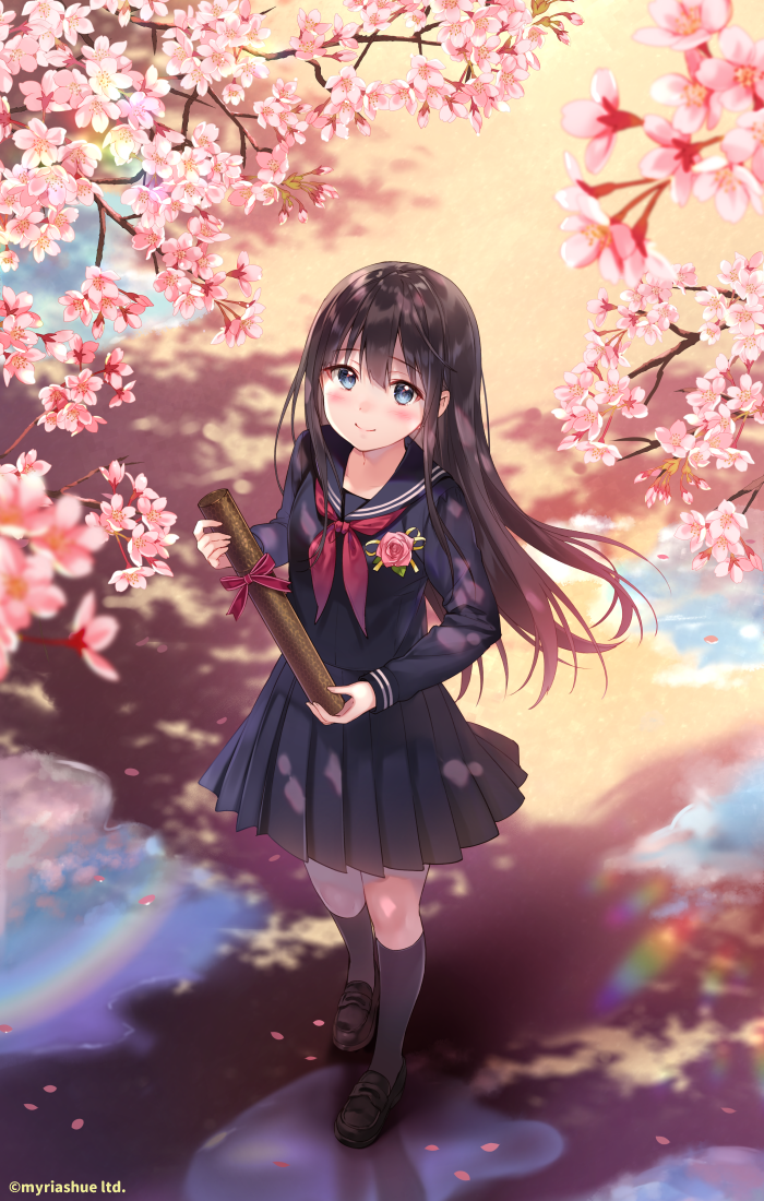 1girl blue_eyes blush cherry_blossoms commentary_request company_name copyright_request diploma floating_hair fukahire_(ruinon) graduation kneehighs loafers long_hair looking_at_viewer navy_blue_serafuku navy_blue_skirt petals pleated_skirt puddle rainbow reflection school_uniform serafuku shade shoes sidelocks skirt smile solo standing tree_branch